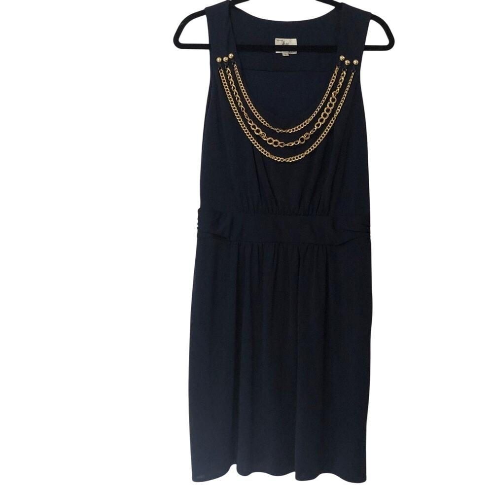 Milly Navy Blue Sheath Dress Sleeveless Gold Chain Womens L Preppy Quiet Luxury